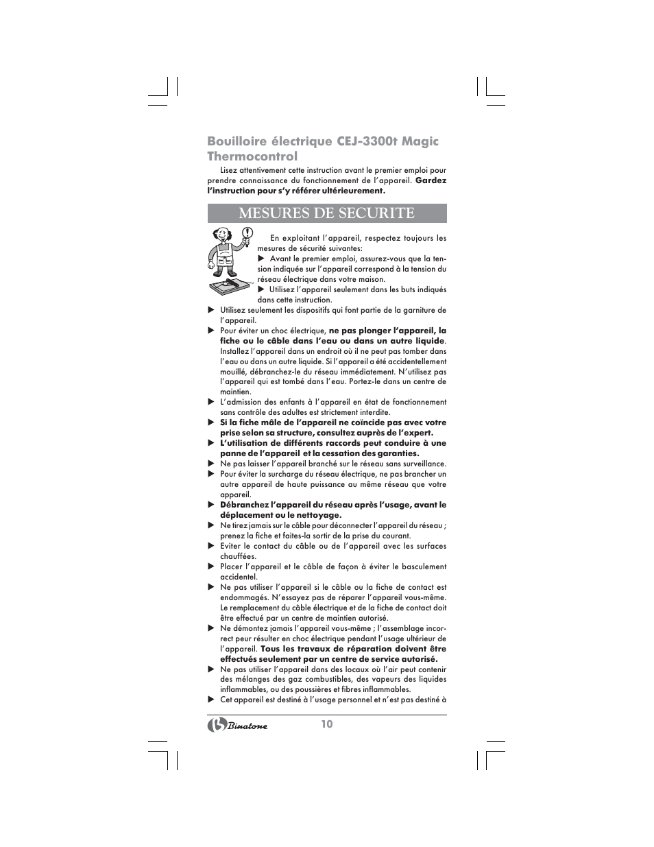 Mesures de securite | Binatone CEJ-3300T User Manual | Page 10 / 28