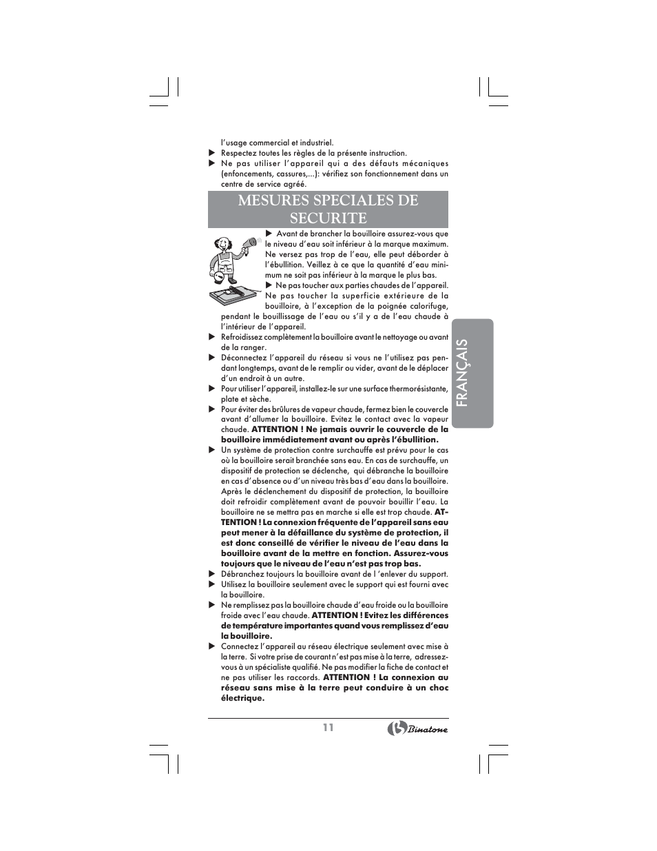 Français, Mesures speciales de securite | Binatone CEJ-3300T User Manual | Page 11 / 28