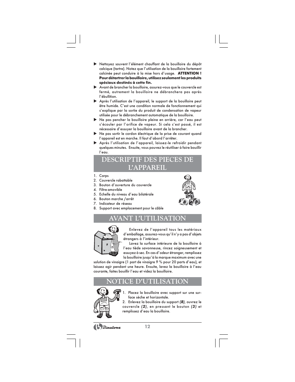 Descriptif des pieces de l’appareil, Avant l’utilisation, Notice d’utilisation | Binatone CEJ-3300T User Manual | Page 12 / 28