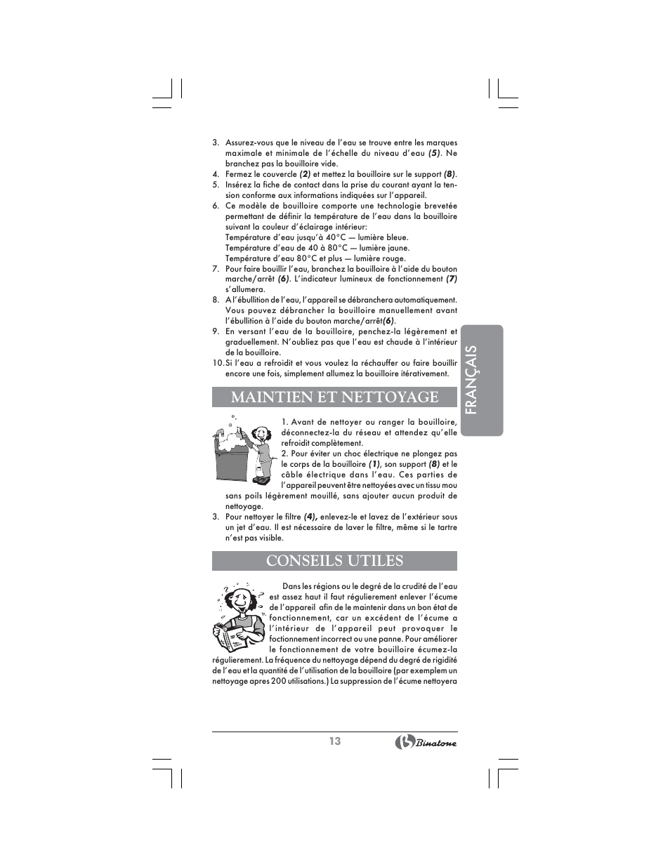 Français, Maintien et nettoyage, Conseils utiles | Binatone CEJ-3300T User Manual | Page 13 / 28