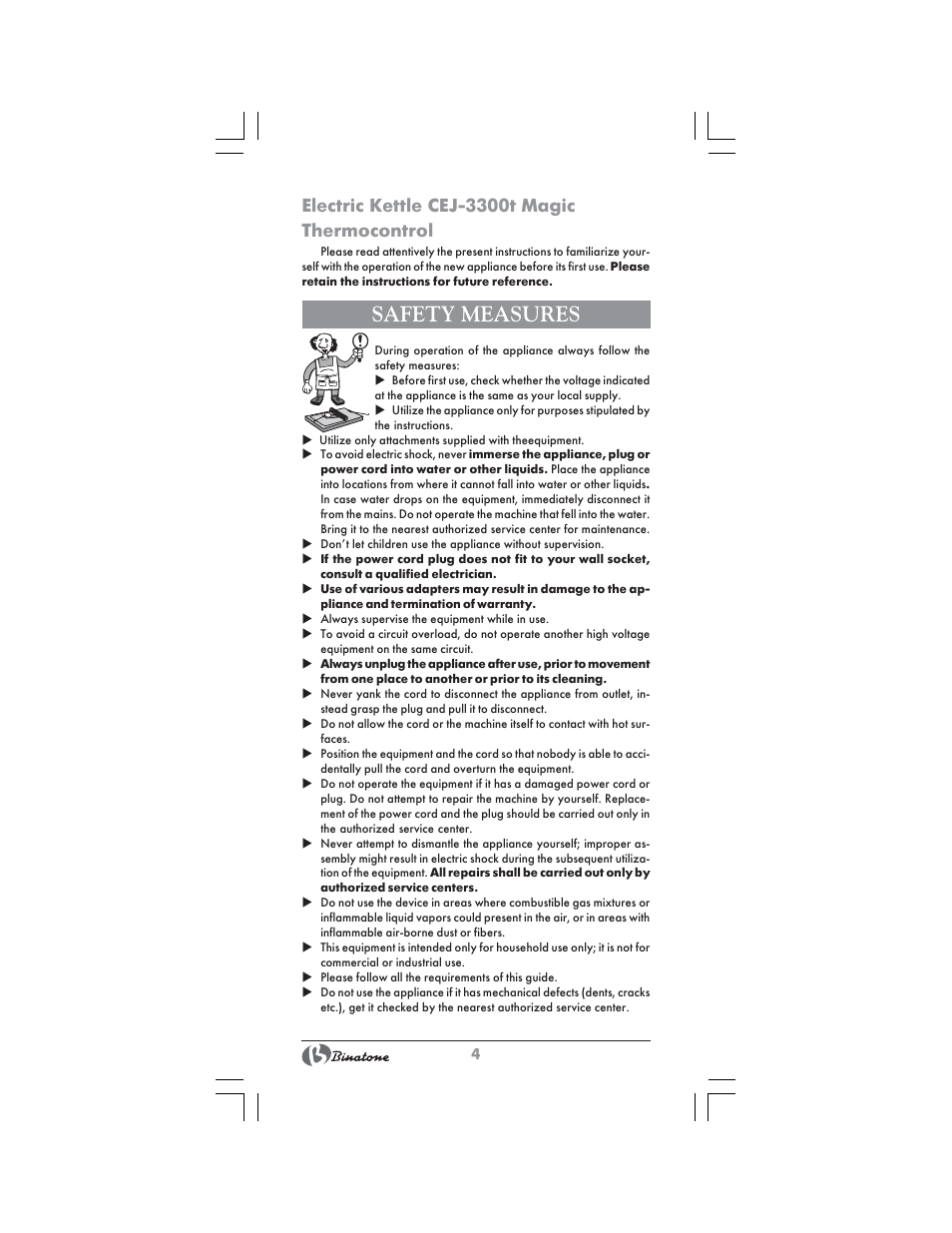 Safety measures, Electric kettle cej-3300t magic thermocontrol | Binatone CEJ-3300T User Manual | Page 4 / 28