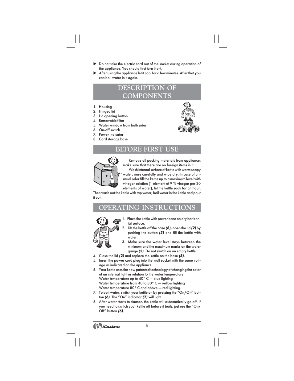 Description of components, Before first use, Operating instructions | Binatone CEJ-3300T User Manual | Page 6 / 28