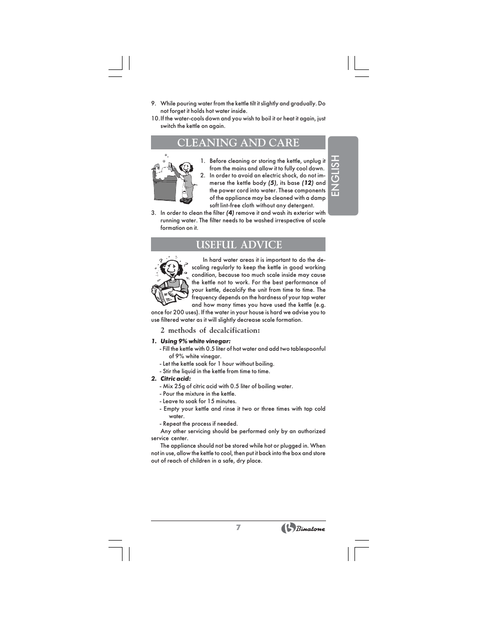 English, Cleaning and care, Useful advice | Binatone CEJ-3300T User Manual | Page 7 / 28