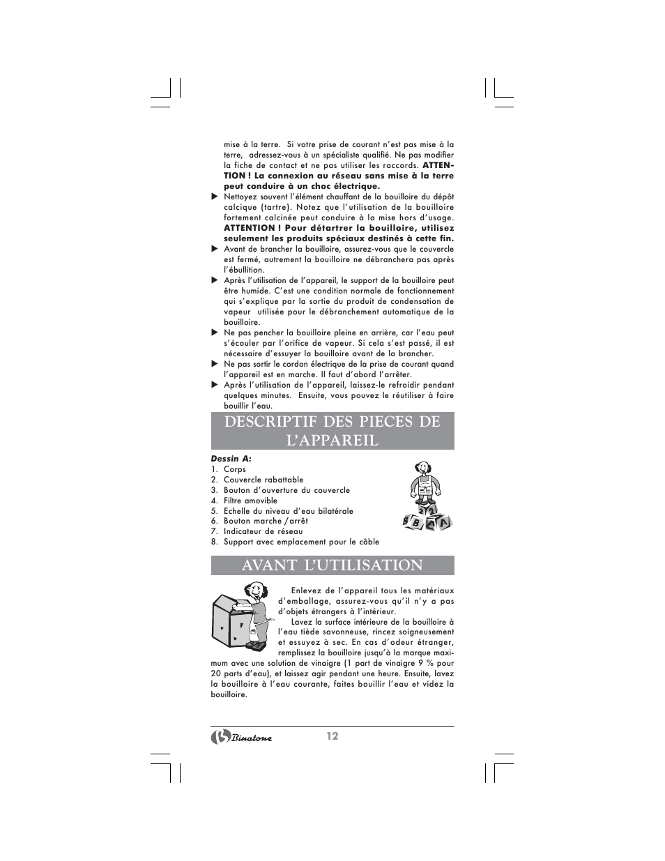 Descriptif des pieces de l’appareil, Avant l’utilisation | Binatone MEJ-3000A User Manual | Page 12 / 28