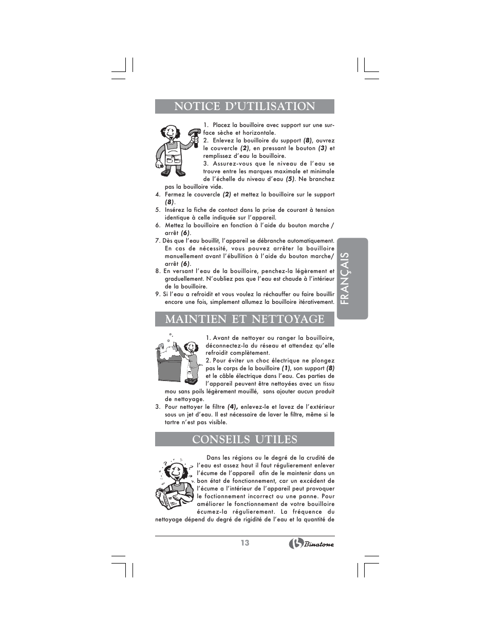 Français notice d’utilisation, Maintien et nettoyage, Conseils utiles | Binatone MEJ-3000A User Manual | Page 13 / 28