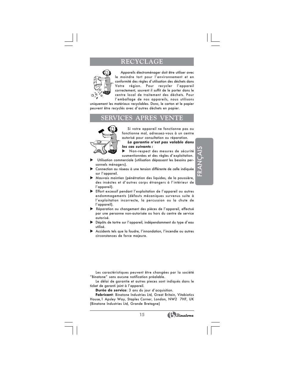 Français recyclage, Services apres vente | Binatone MEJ-3000A User Manual | Page 15 / 28