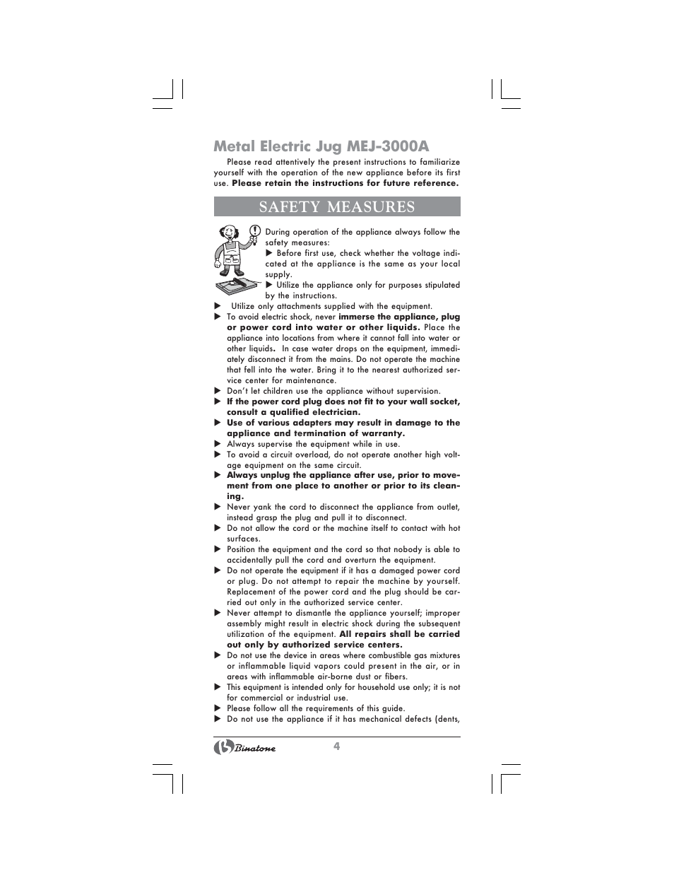 Metal electric jug mej-3000a, Safety measures | Binatone MEJ-3000A User Manual | Page 4 / 28