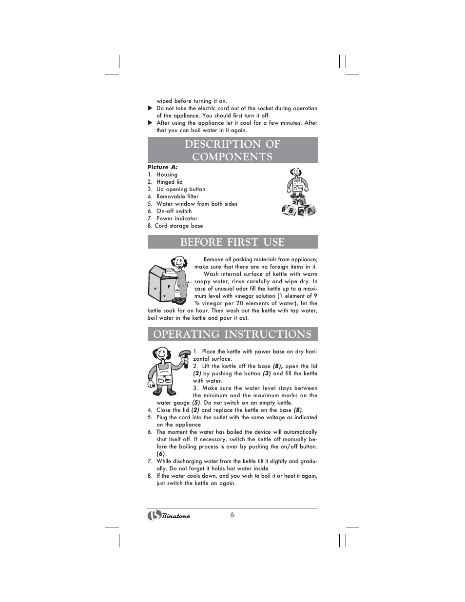 Description of components, Before first use, Operating instructions | Binatone MEJ-3000A User Manual | Page 6 / 28
