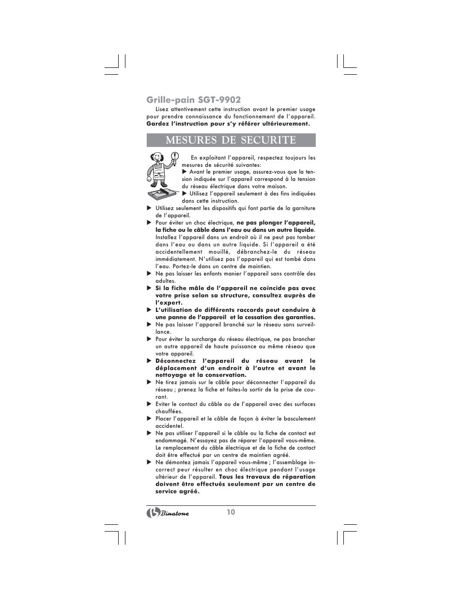 Mesures de securite, Grille-pain sgt-9902 | Binatone SGT-9902 User Manual | Page 10 / 28