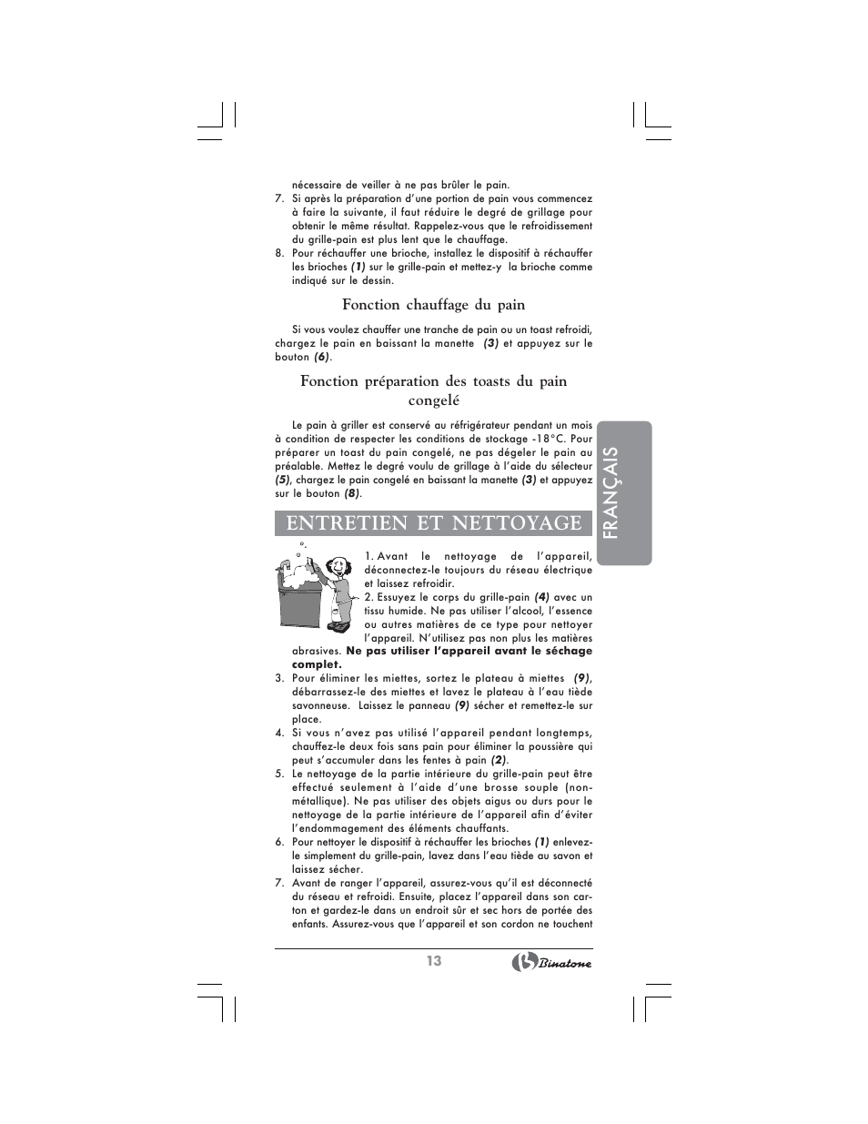 Français, Entretien et nettoyage, Fonction chauffage du pain | Fonction préparation des toasts du pain congelé | Binatone SGT-9902 User Manual | Page 13 / 28