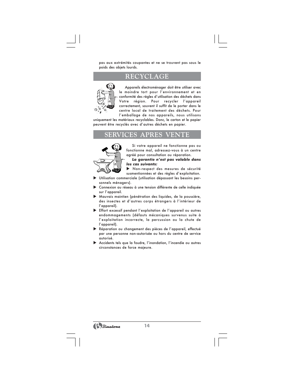 Recyclage, Services apres vente | Binatone SGT-9902 User Manual | Page 14 / 28