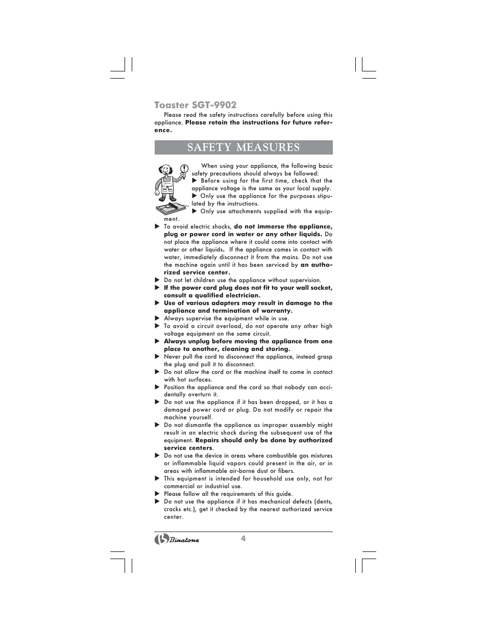 Safety measures, Toaster sgt-9902 | Binatone SGT-9902 User Manual | Page 4 / 28