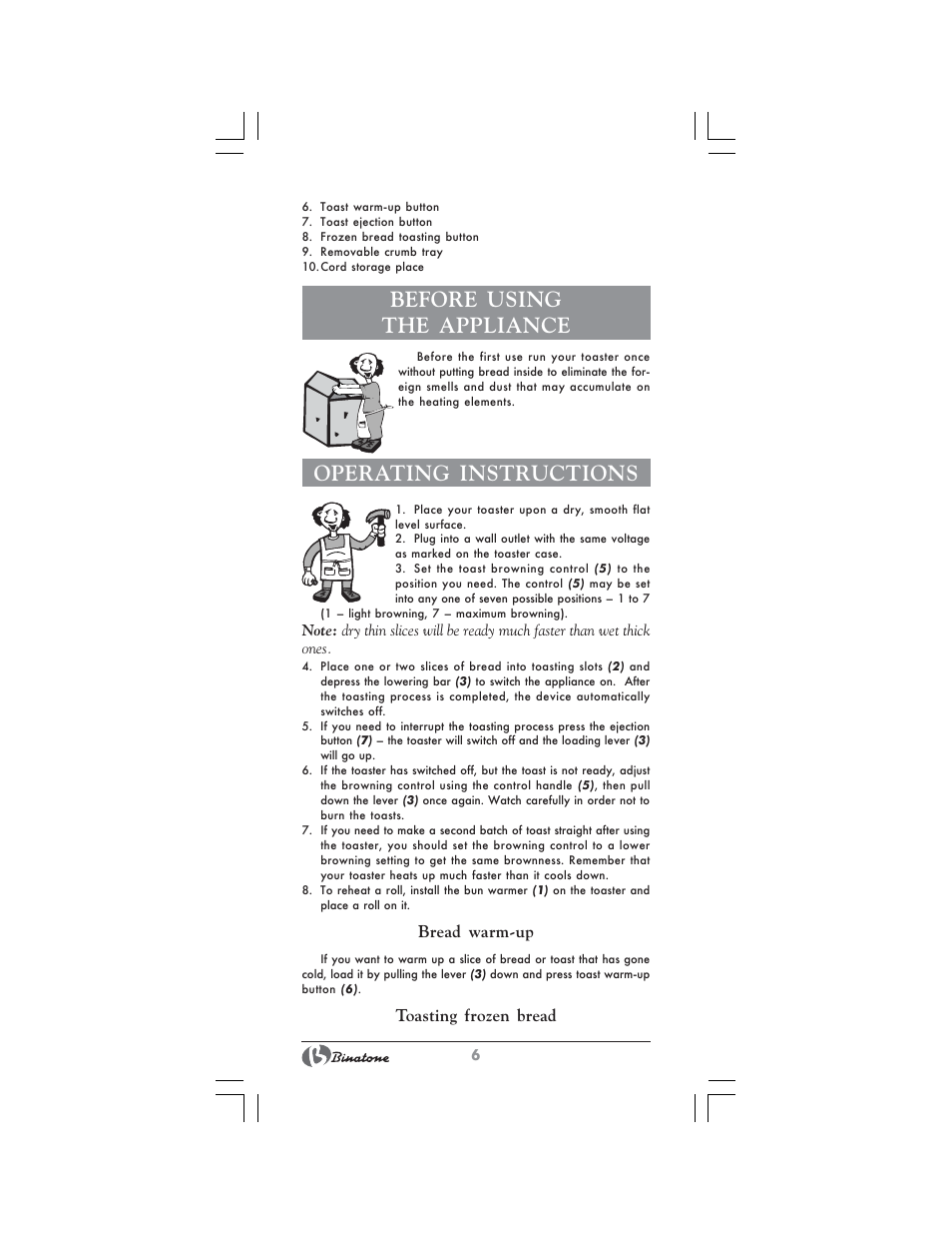 Before using the appliance, Operating instructions | Binatone SGT-9902 User Manual | Page 6 / 28