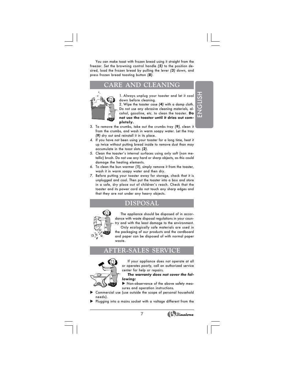 English, Care and cleaning, Disposal | After-sales service | Binatone SGT-9902 User Manual | Page 7 / 28