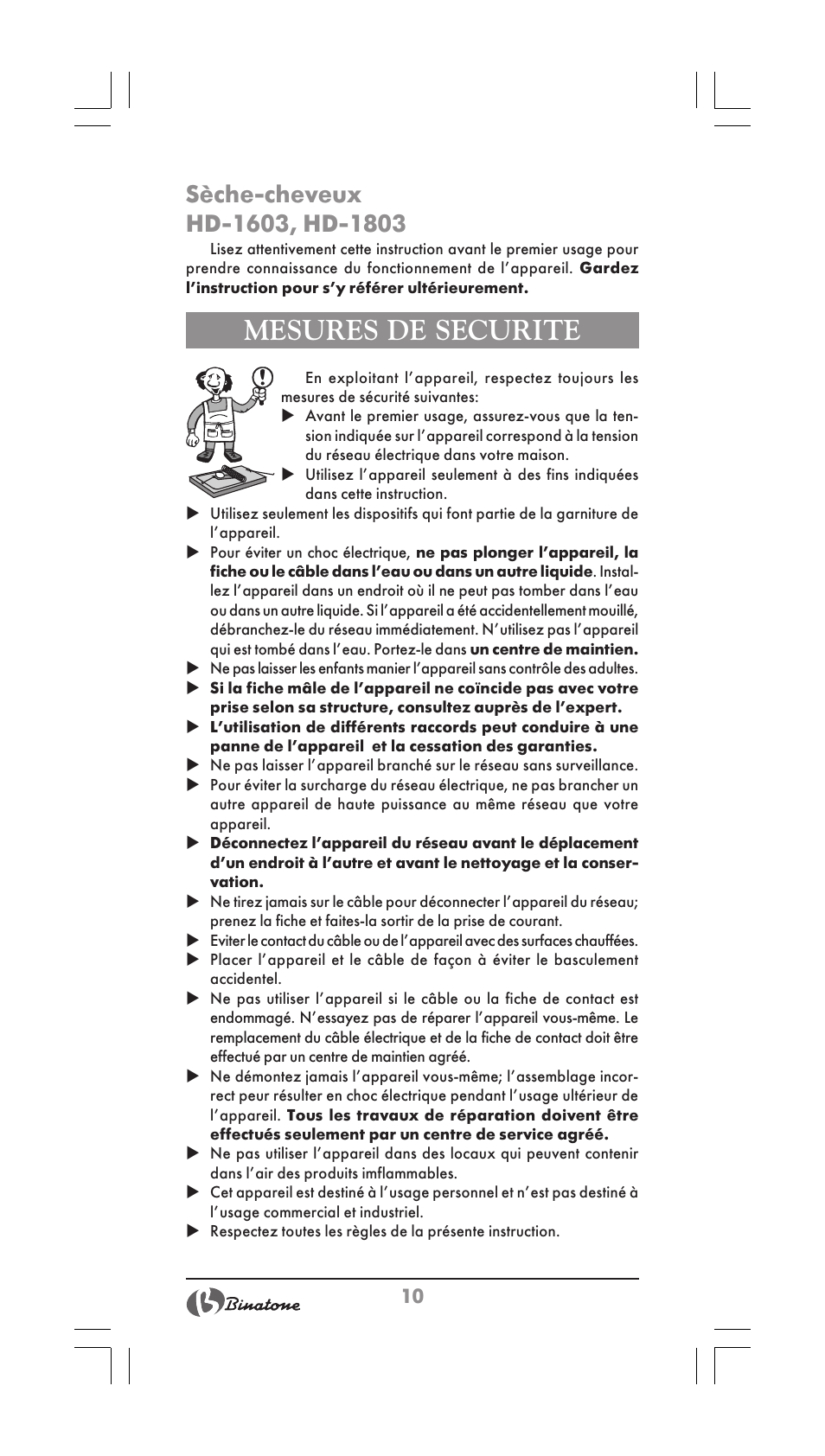 Mesures de securite | Binatone HD-1603 User Manual | Page 10 / 28