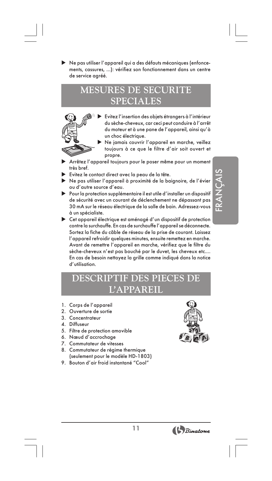 Français, Mesures de securite speciales, Descriptif des pieces de l’appareil | Binatone HD-1603 User Manual | Page 11 / 28