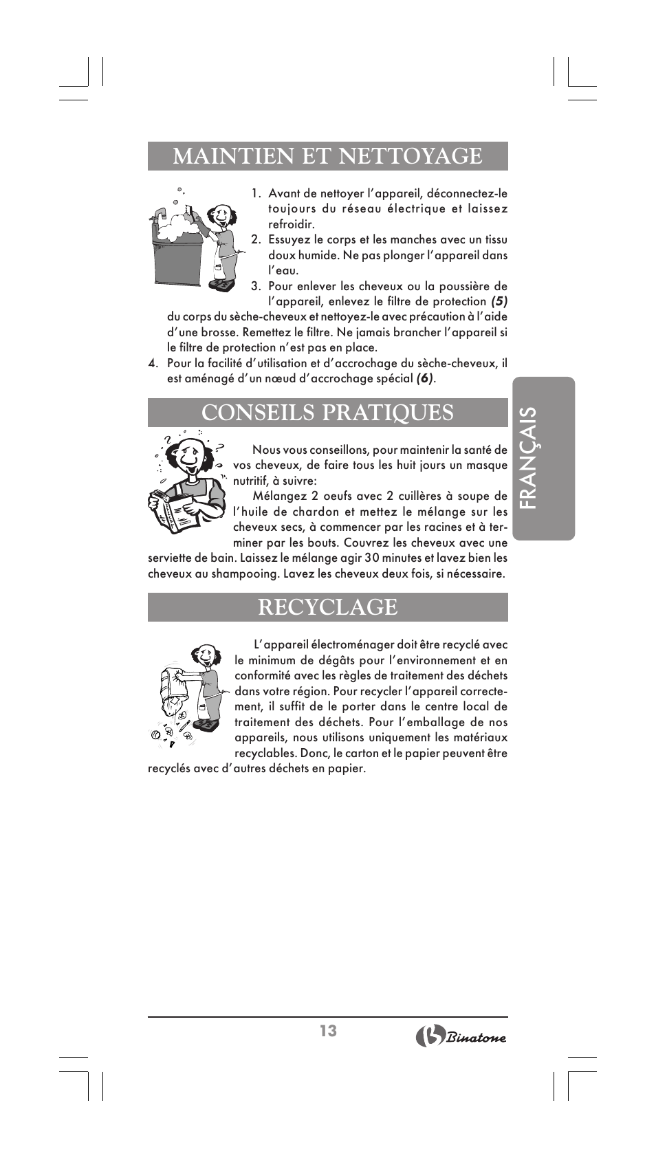 Français maintien et nettoyage, Conseils pratiques, Recyclage | Binatone HD-1603 User Manual | Page 13 / 28