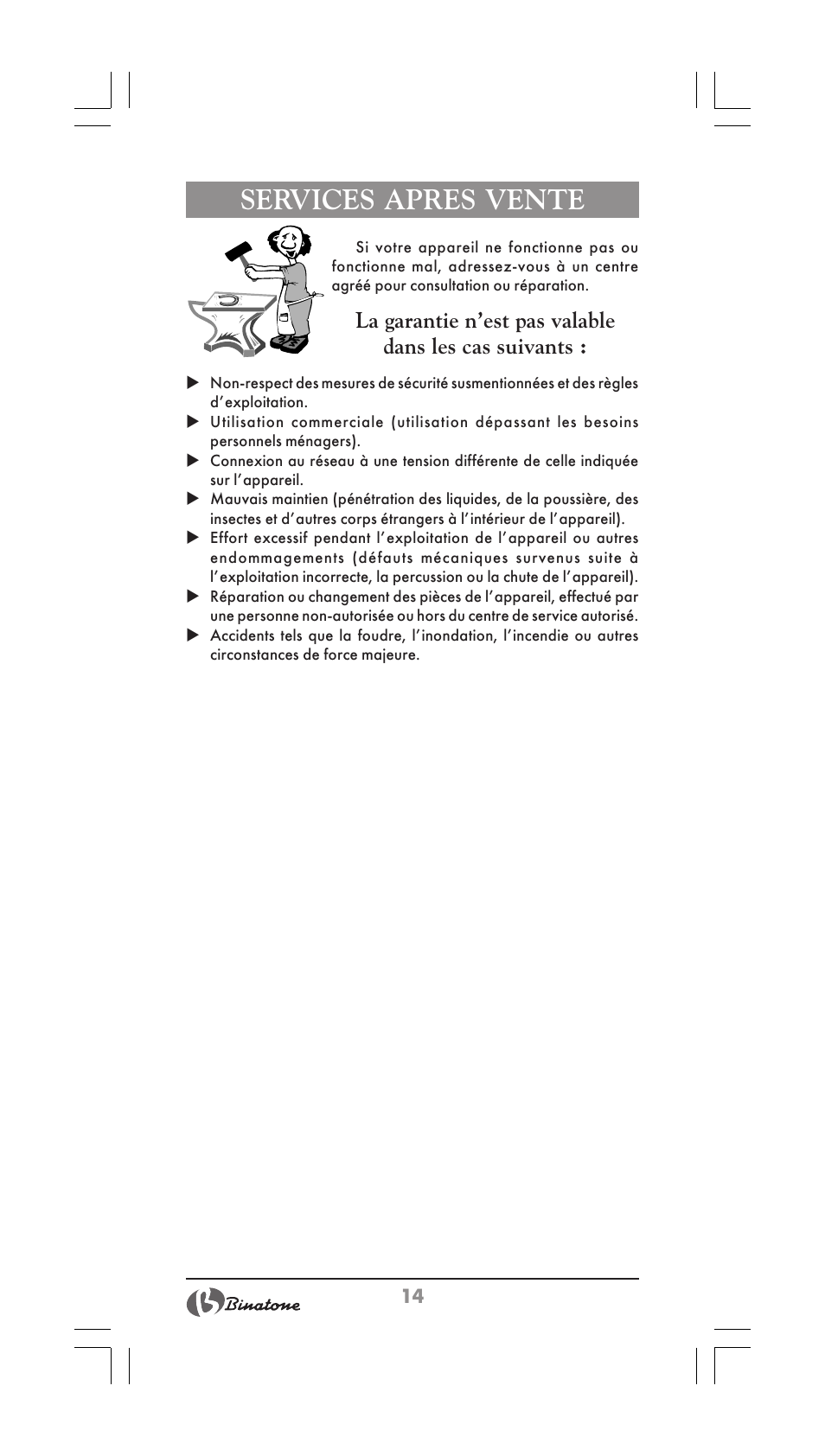 Services apres vente | Binatone HD-1603 User Manual | Page 14 / 28