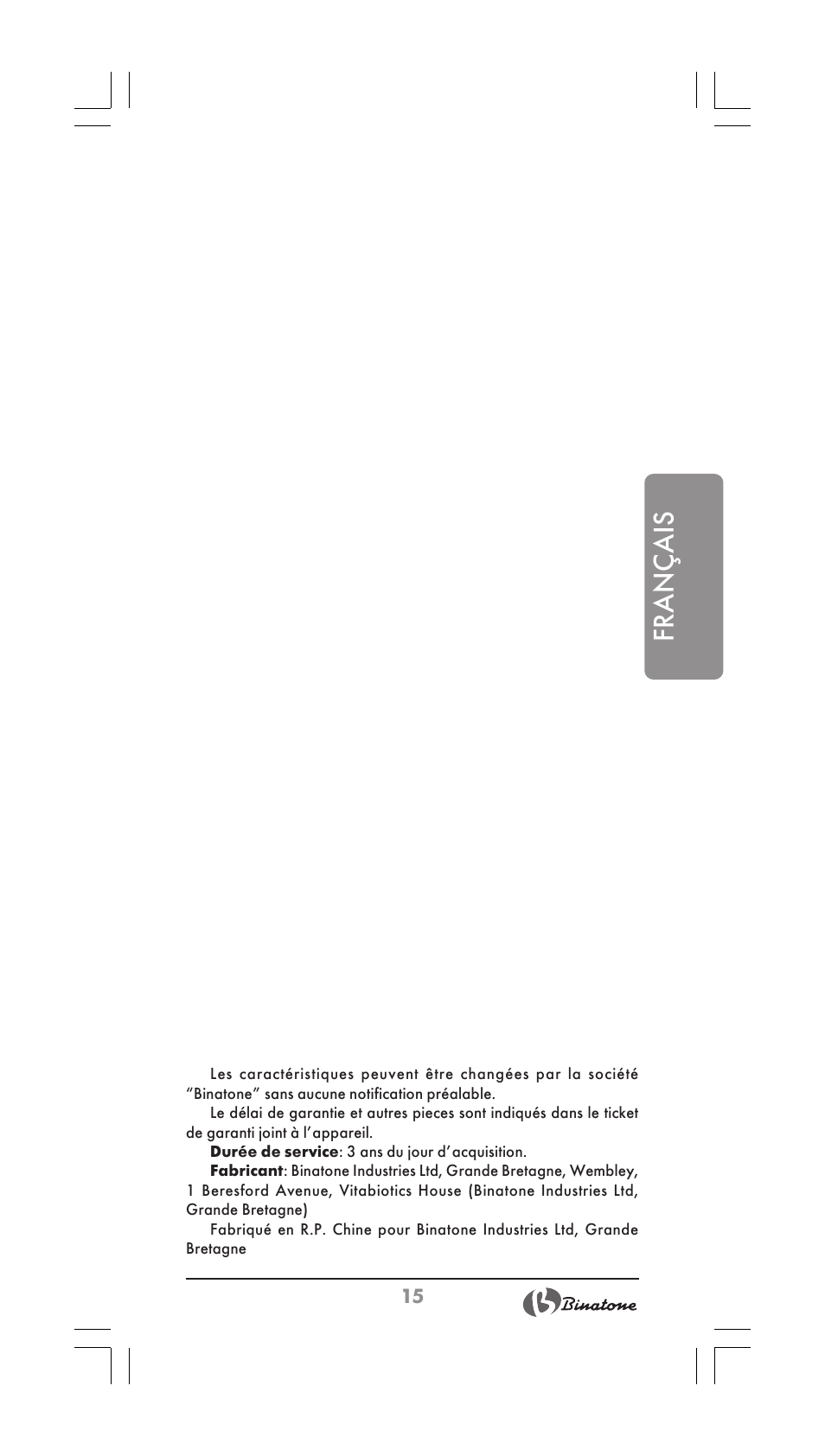 Français | Binatone HD-1603 User Manual | Page 15 / 28