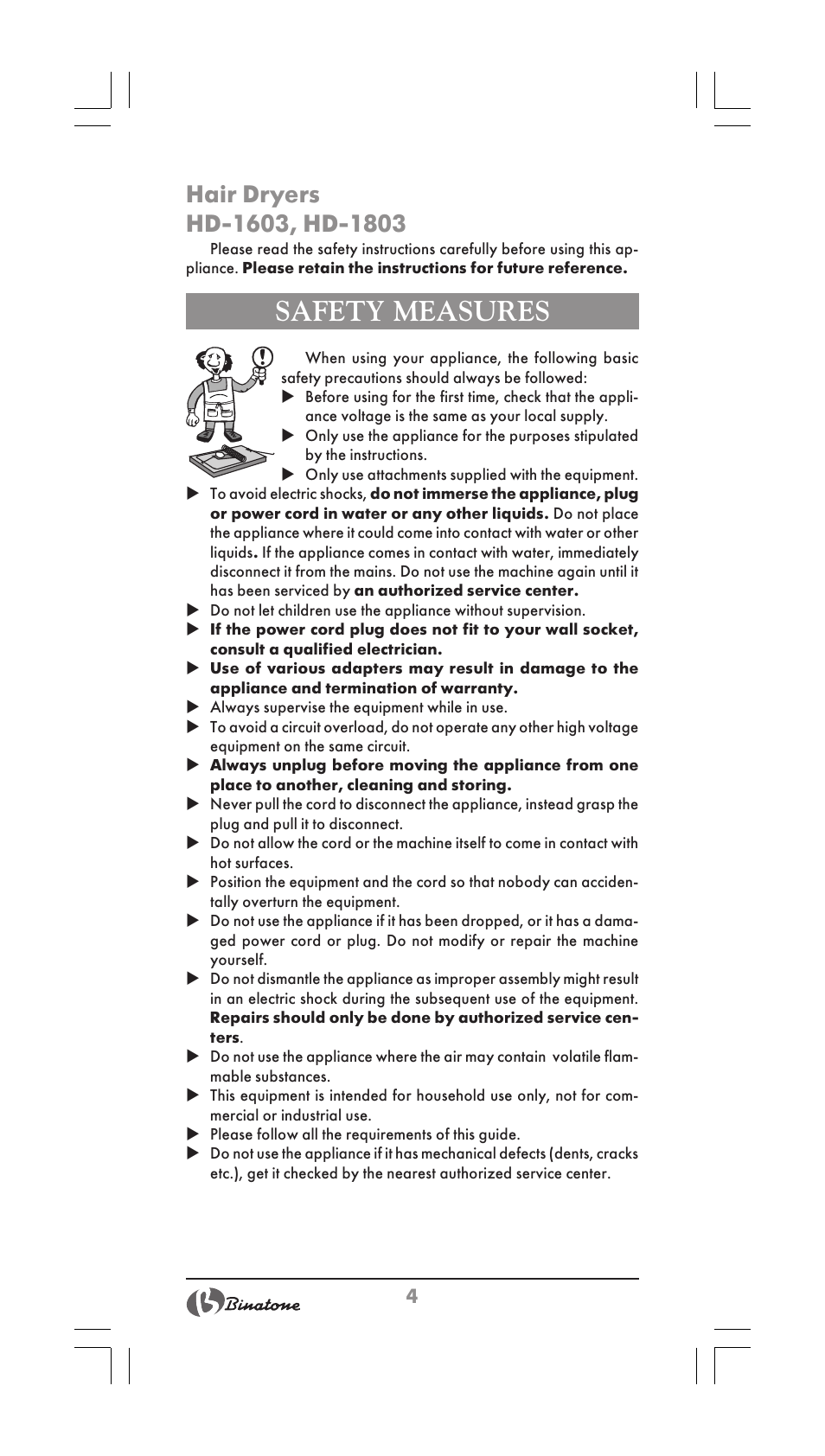 Safety measures | Binatone HD-1603 User Manual | Page 4 / 28