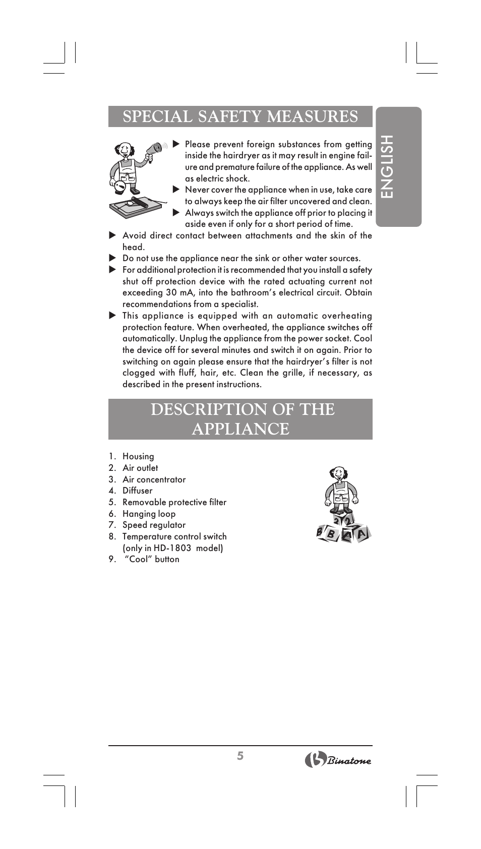 English special safety measures, Description of the appliance | Binatone HD-1603 User Manual | Page 5 / 28