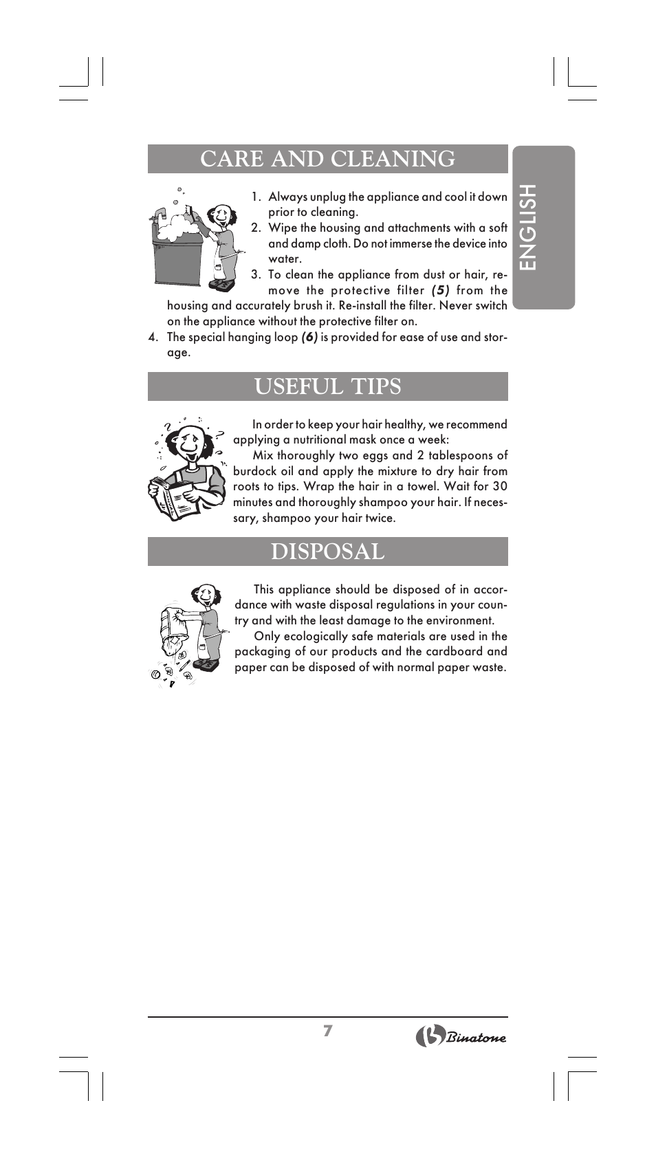 English care and cleaning, Useful tips, Disposal | Binatone HD-1603 User Manual | Page 7 / 28