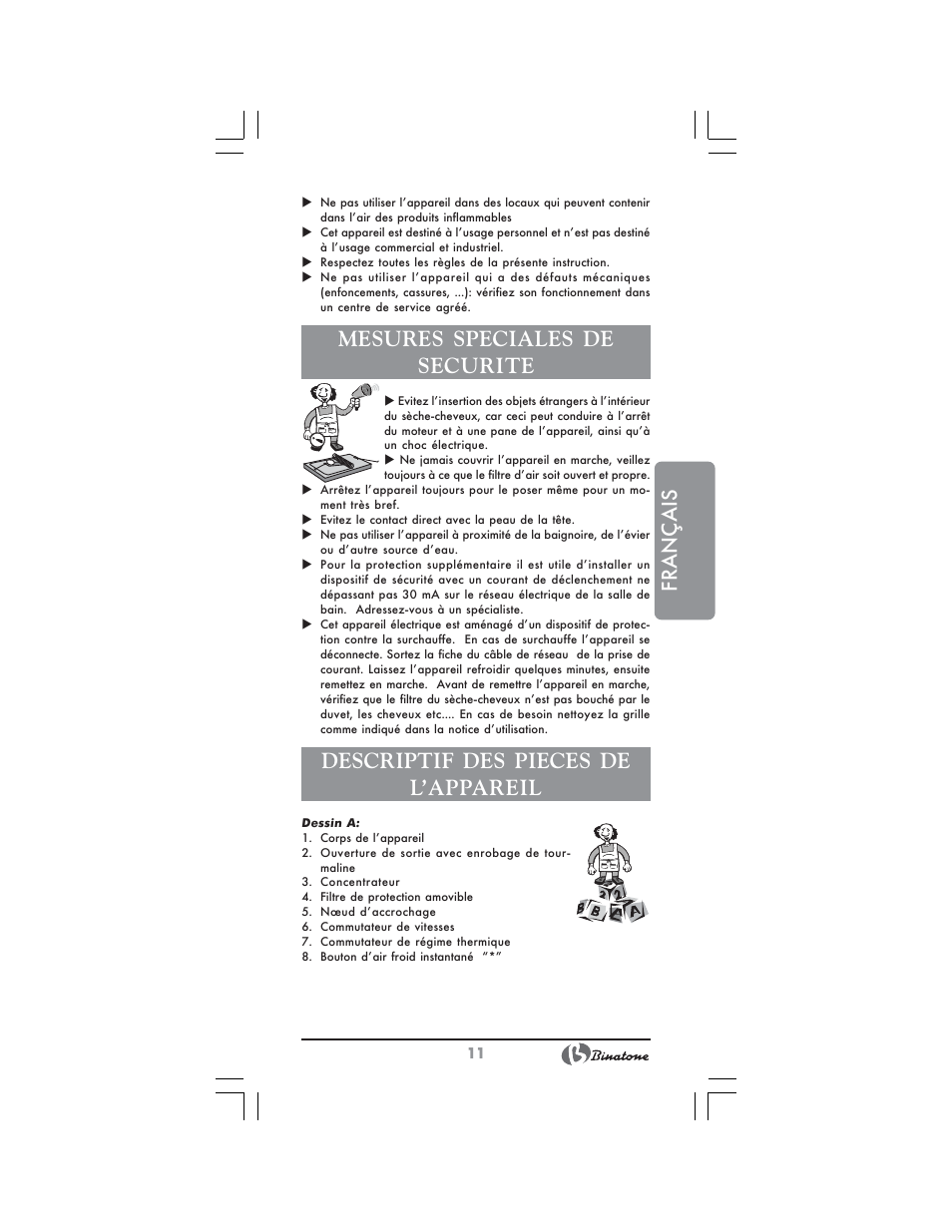 Français, Mesures speciales de securite, Descriptif des pieces de l’appareil | Binatone HD-1802 User Manual | Page 11 / 28
