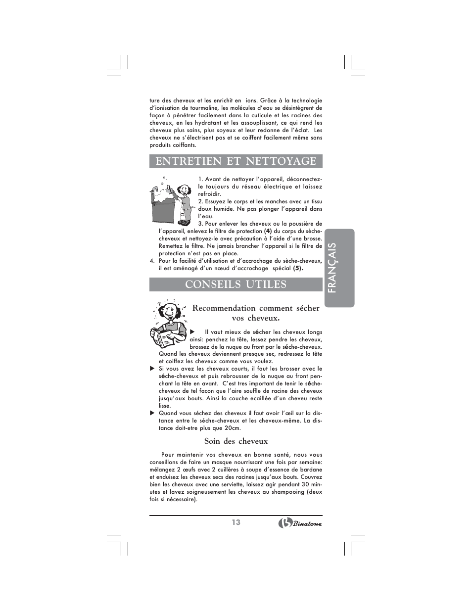 Français, Entretien et nettoyage, Conseils utiles | Binatone HD-1802 User Manual | Page 13 / 28