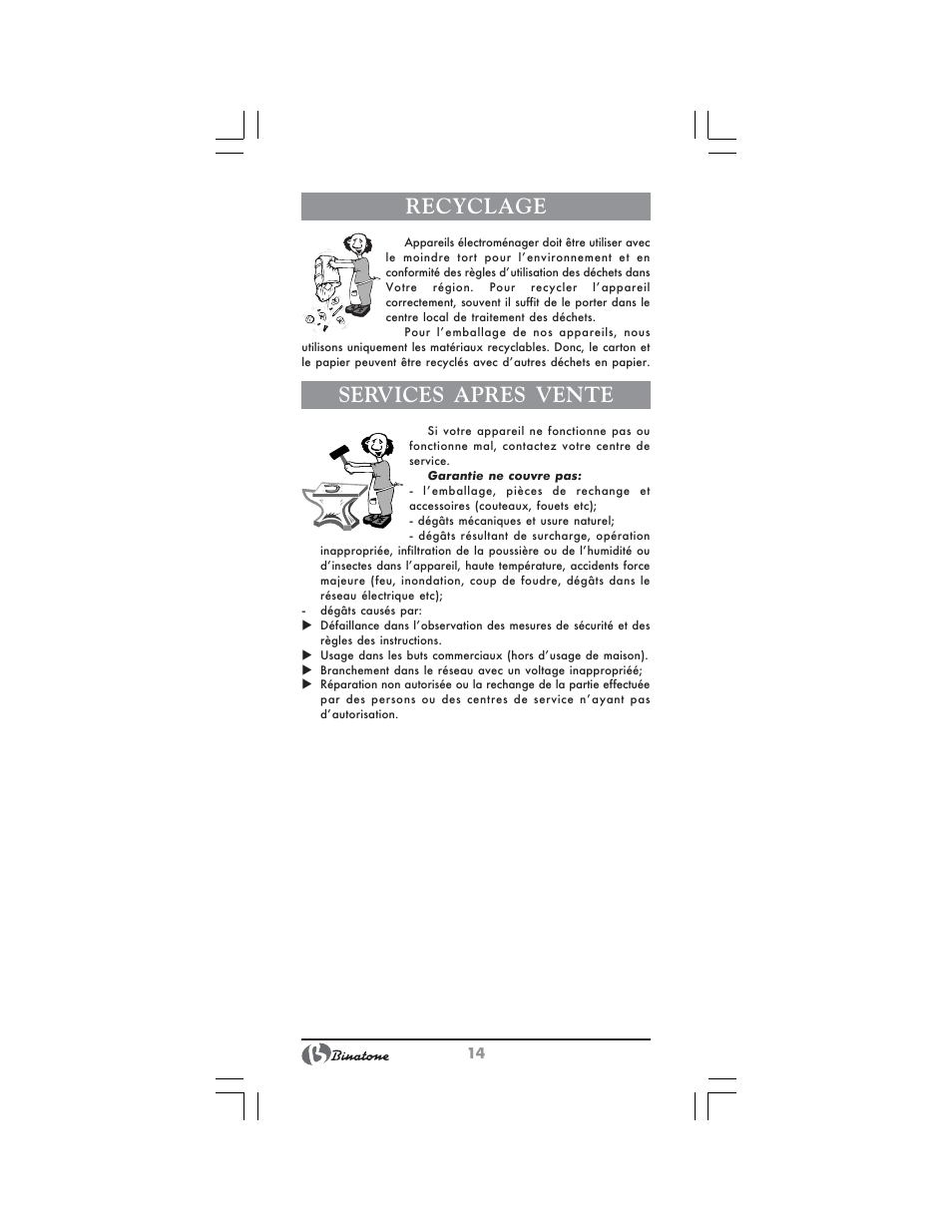 Recyclage, Services apres vente | Binatone HD-1802 User Manual | Page 14 / 28