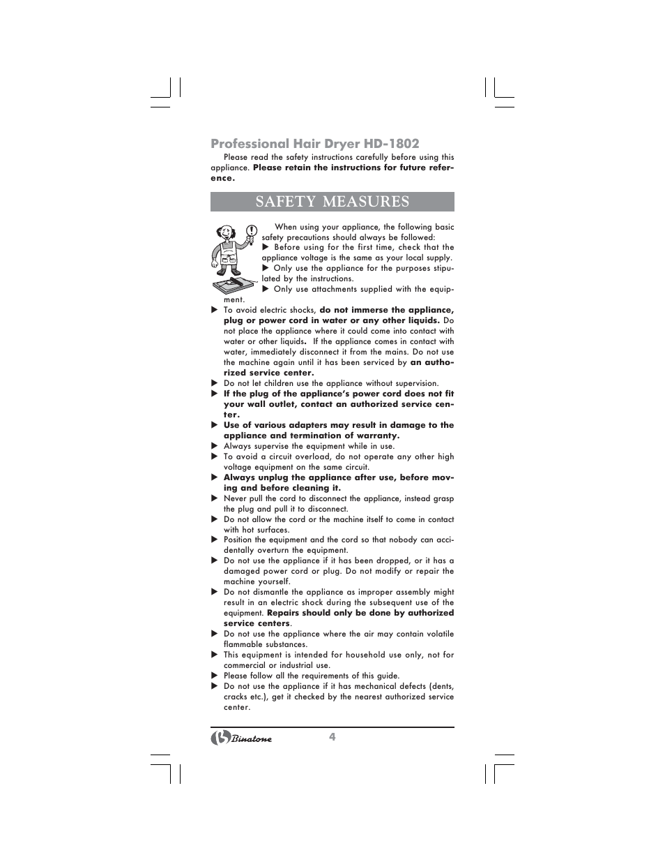 Safety measures, Professional hair dryer hd 1802 | Binatone HD-1802 User Manual | Page 4 / 28