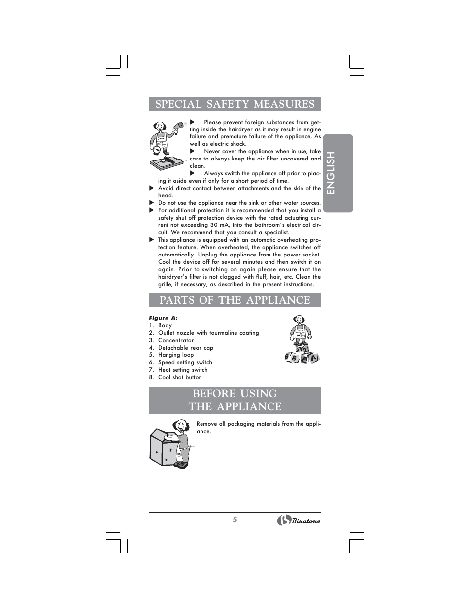 English special safety measures, Parts of the appliance, Before using the appliance | Binatone HD-1802 User Manual | Page 5 / 28