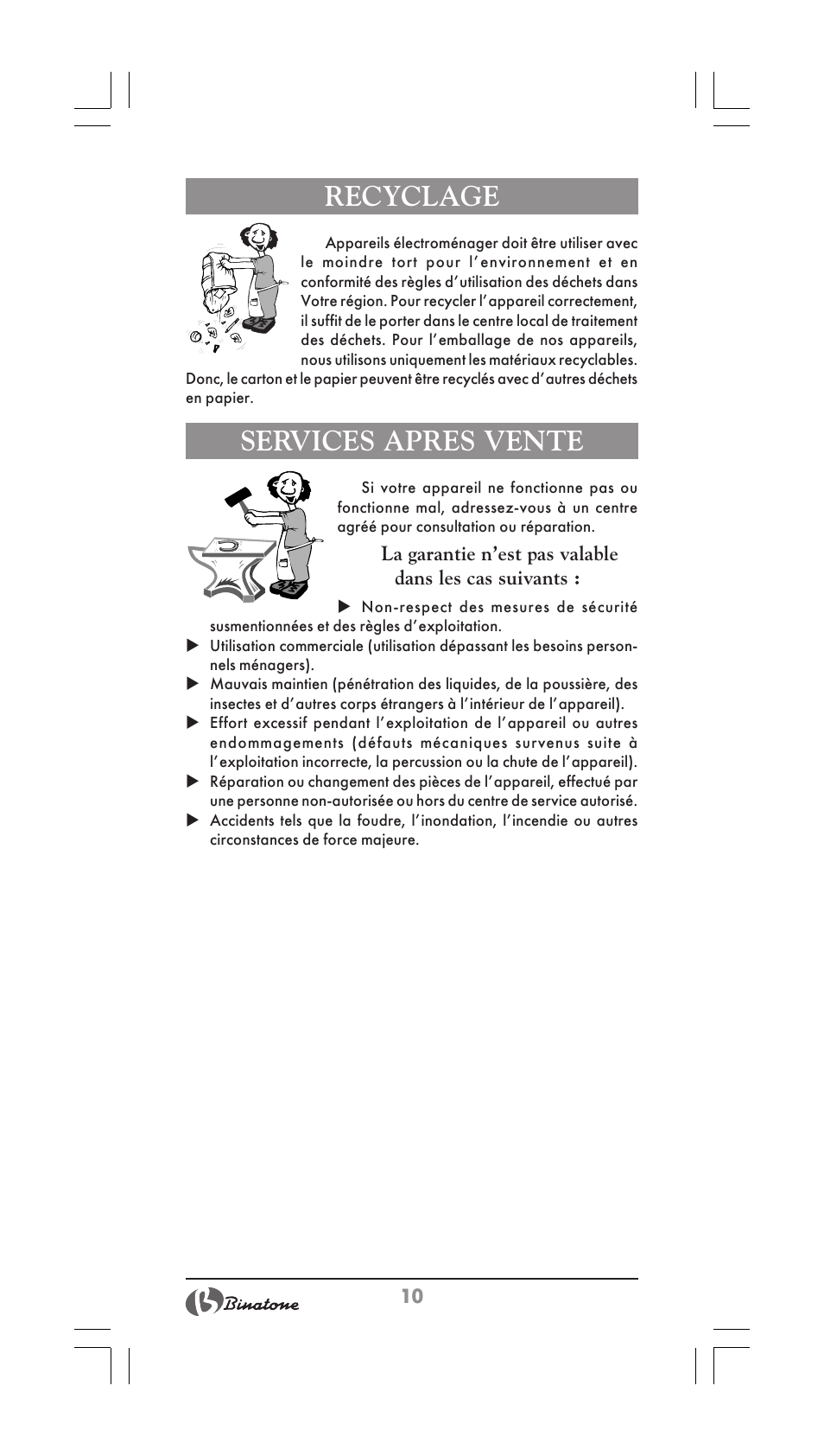 Recyclage, Services apres vente | Binatone BS-8001 User Manual | Page 10 / 22