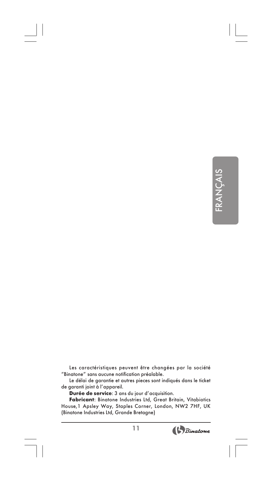 Français | Binatone BS-8001 User Manual | Page 11 / 22