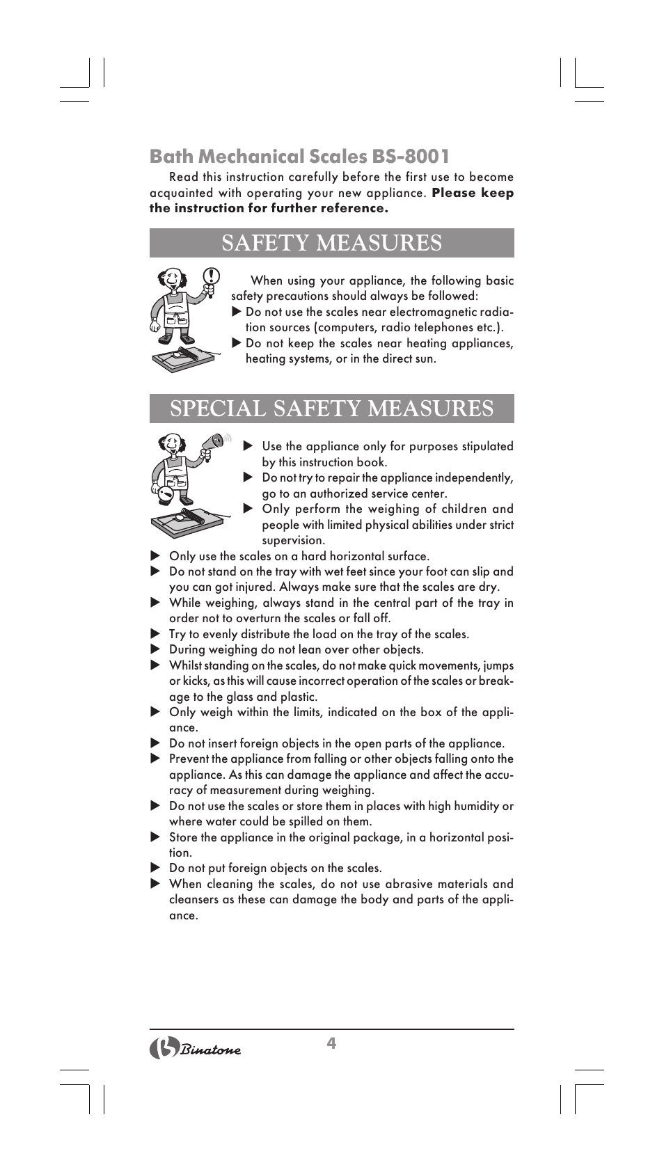 Safety measures, Special safety measures, Bath mechanical scales bs-8001 | Binatone BS-8001 User Manual | Page 4 / 22