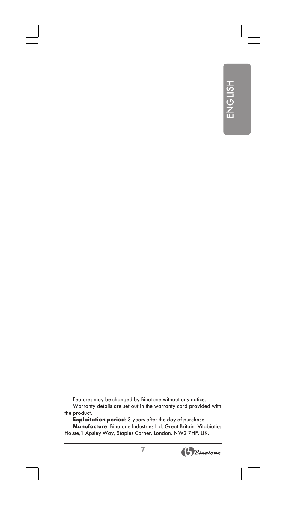 English | Binatone BS-8001 User Manual | Page 7 / 22