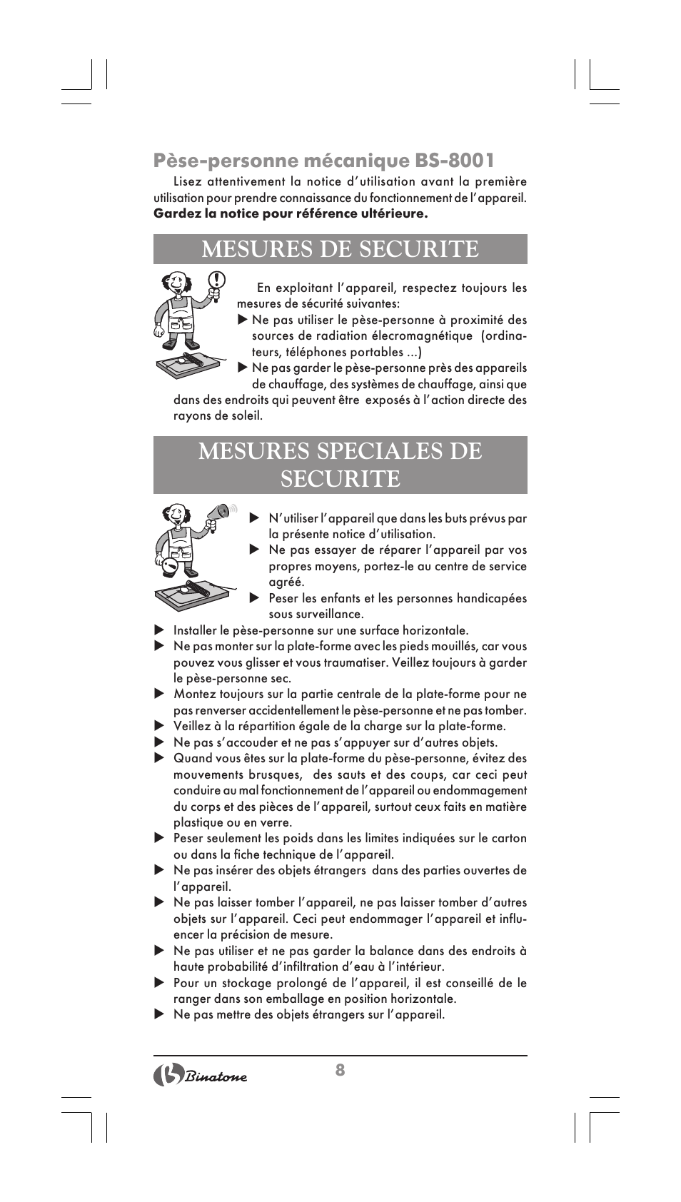 Mesures de securite, Mesures speciales de securite, Pèse-personne mécanique bs-8001 | Binatone BS-8001 User Manual | Page 8 / 22