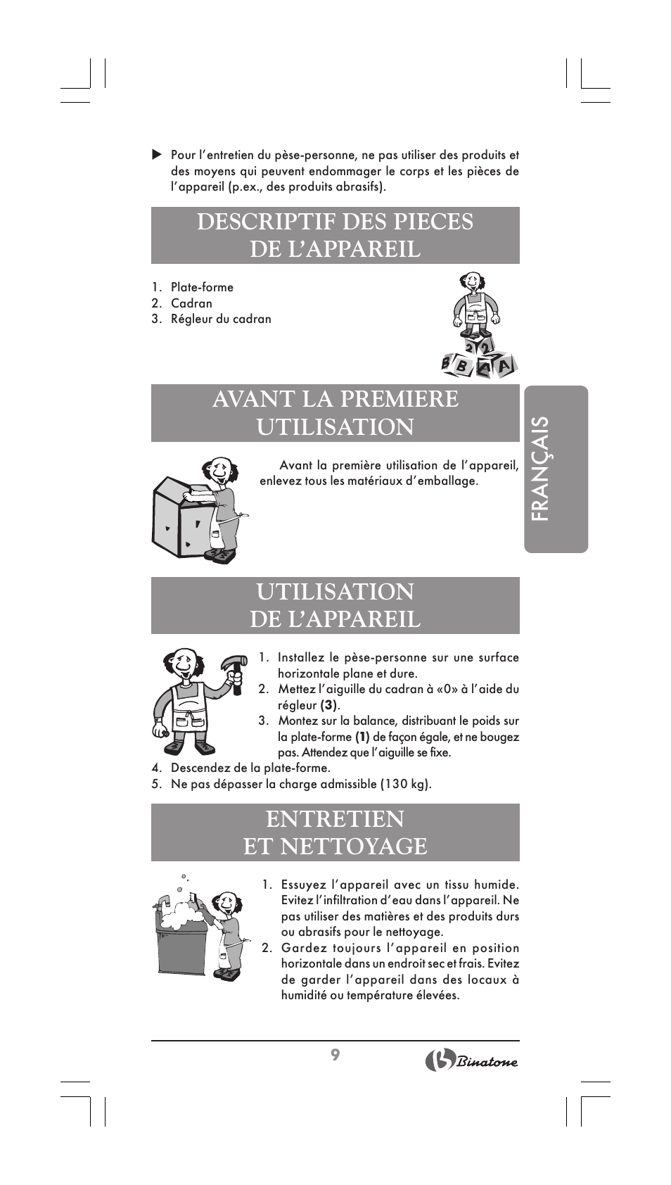 Français avant la premiere utilisation, Descriptif des pieces de l’appareil, Utilisation de l’appareil | Entretien et nettoyage | Binatone BS-8001 User Manual | Page 9 / 22