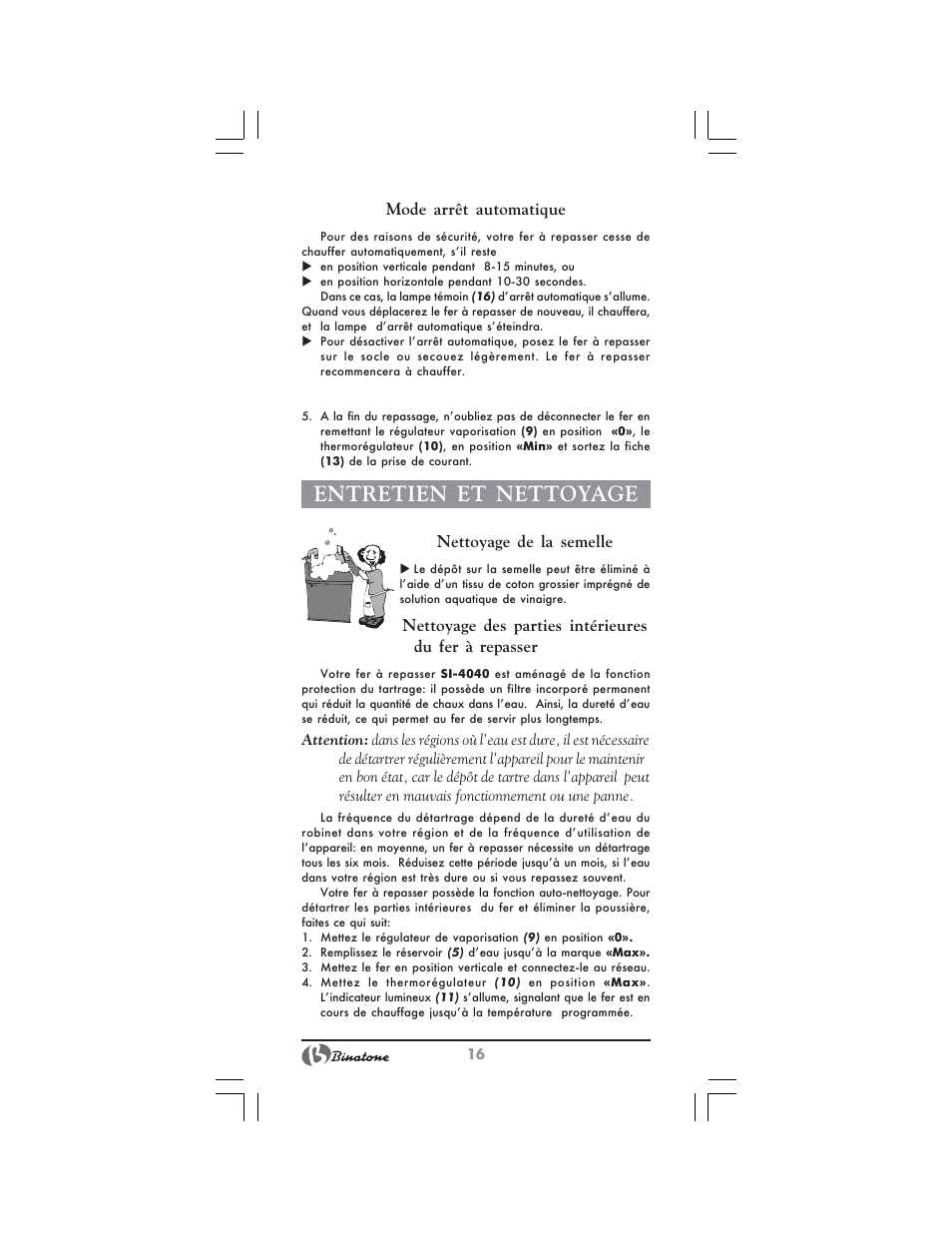 Entretien et nettoyage | Binatone SI-4040 User Manual | Page 16 / 38