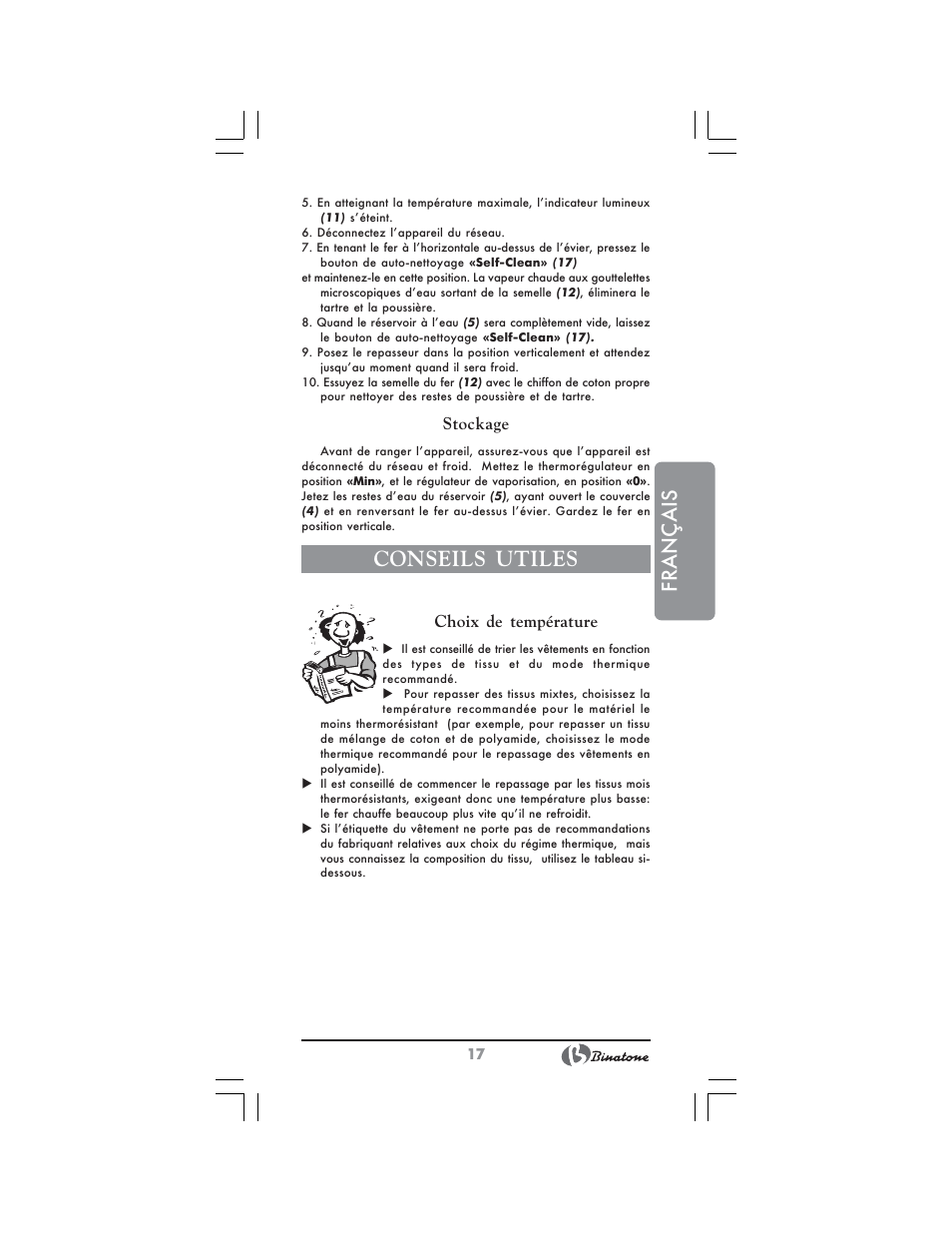 Français, Conseils utiles, Stockage | Choix de température | Binatone SI-4040 User Manual | Page 17 / 38