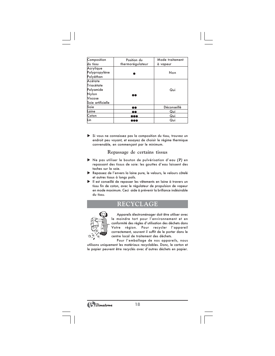 Recyclage, Repassage de certains tissus | Binatone SI-4040 User Manual | Page 18 / 38