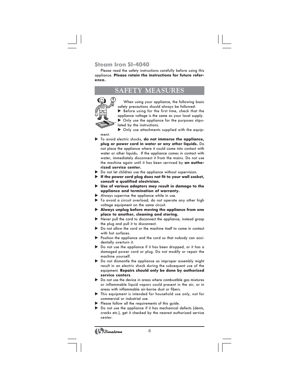 Safety measures, Steam iron si 4040 | Binatone SI-4040 User Manual | Page 4 / 38