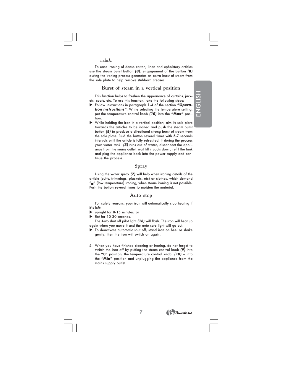 English, Burst of steam in a vertical position, Spray | Auto stop | Binatone SI-4040 User Manual | Page 7 / 38