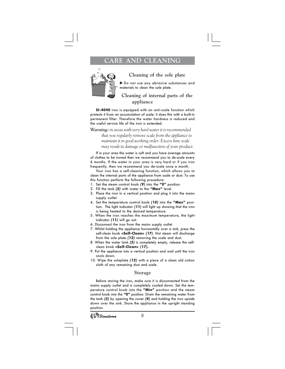 Care and cleaning, Cleaning of the sole plate, Cleaning of internal parts of the appliance | Storage | Binatone SI-4040 User Manual | Page 8 / 38