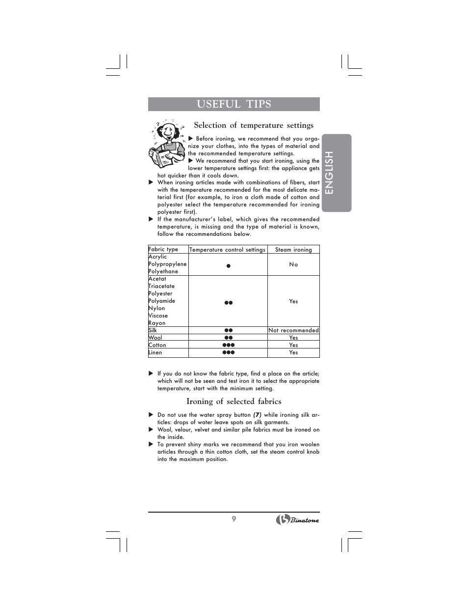 English useful tips, Selection of temperature settings, Ironing of selected fabrics | Binatone SI-4040 User Manual | Page 9 / 38