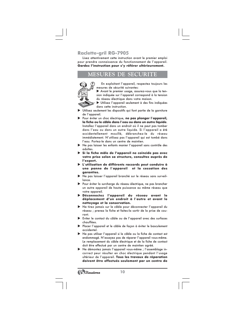 Mesures de securite, Raclette gril rg 7905 | Binatone GR-7905 User Manual | Page 10 / 32