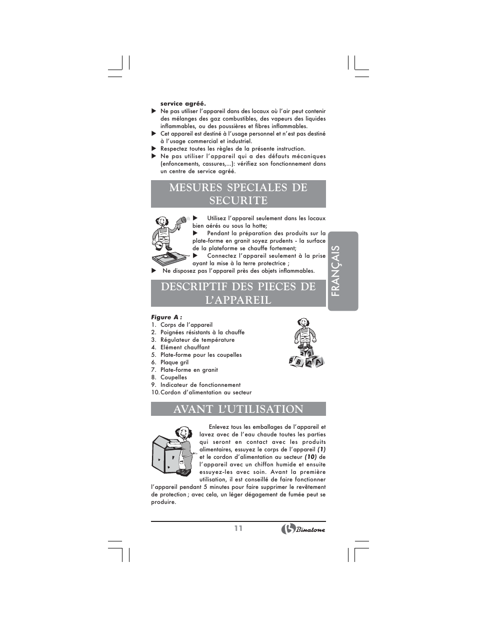 Français, Mesures speciales de securite, Descriptif des pieces de l’appareil | Avant l’utilisation | Binatone GR-7905 User Manual | Page 11 / 32