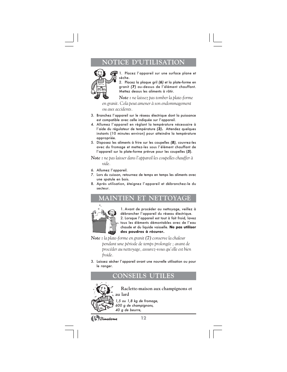 Notice d’utilisation, Maintien et nettoyage, Conseils utiles | Binatone GR-7905 User Manual | Page 12 / 32