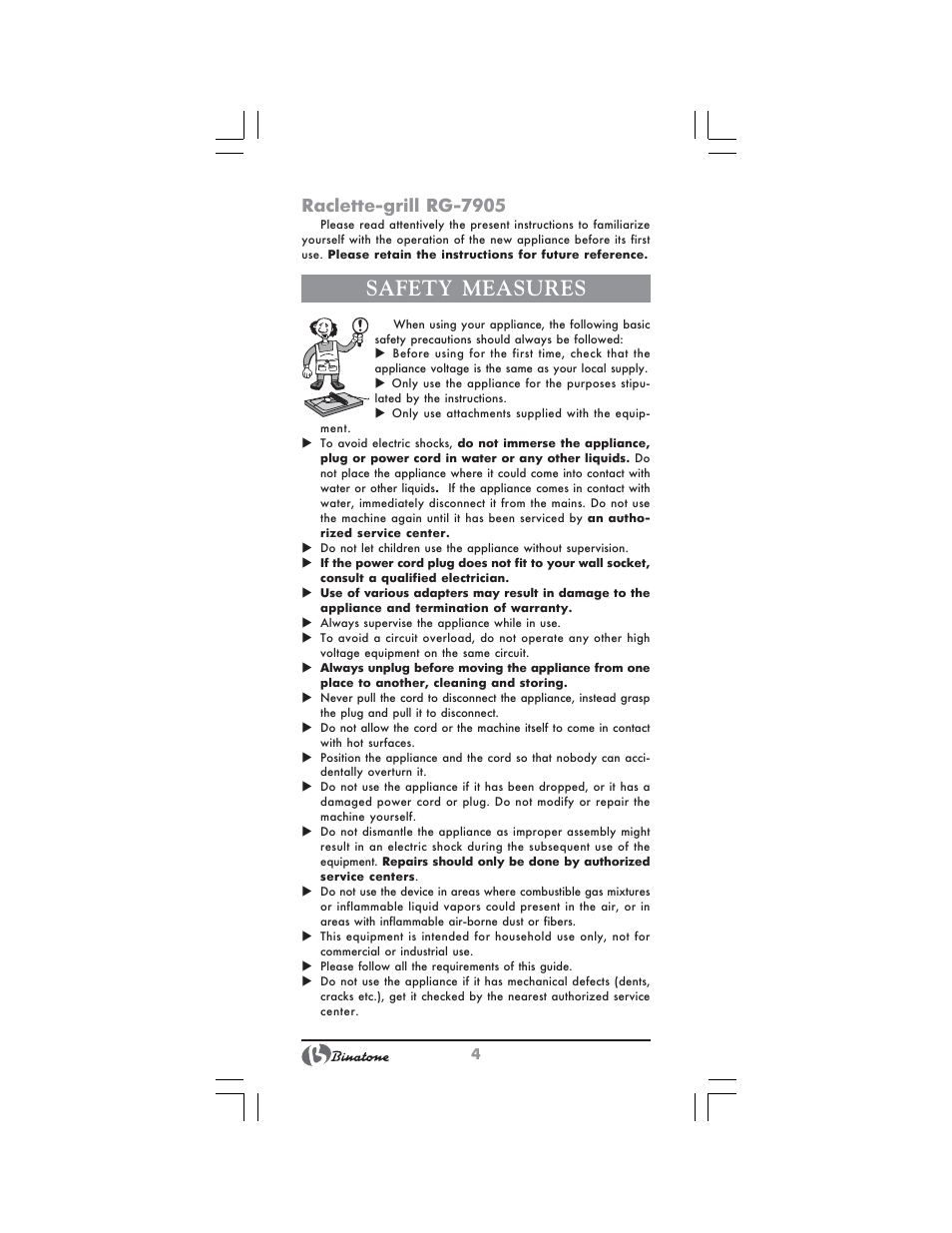 Safety measures, Raclette grill rg 7905 | Binatone GR-7905 User Manual | Page 4 / 32