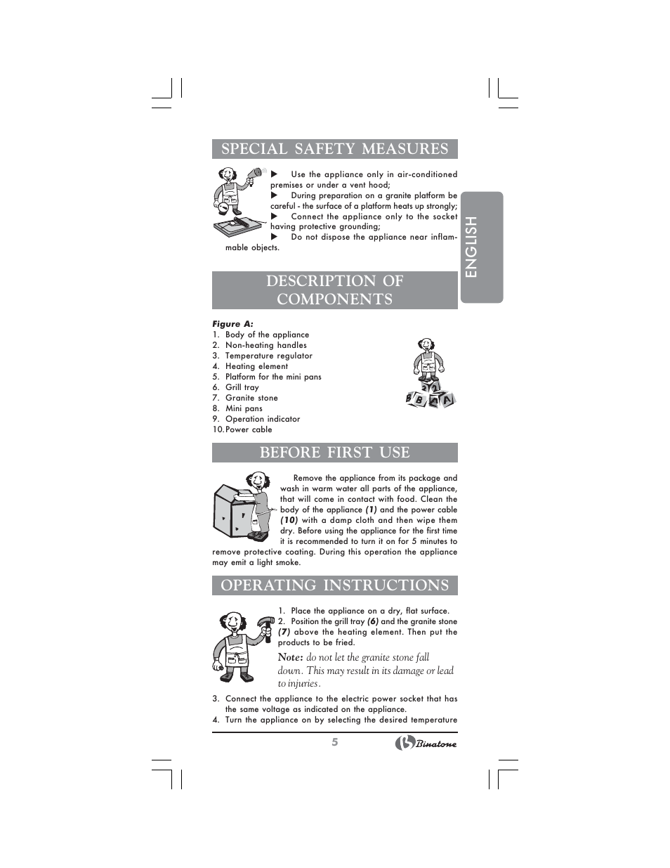 English special safety measures, Description of components, Before first use | Operating instructions | Binatone GR-7905 User Manual | Page 5 / 32