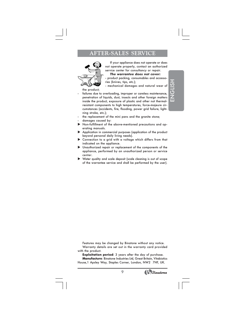 English after-sales service | Binatone GR-7905 User Manual | Page 9 / 32